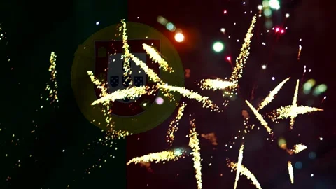 Bright colorful fireworks exploding in front of the national flag of portug.. Video stock 343690297