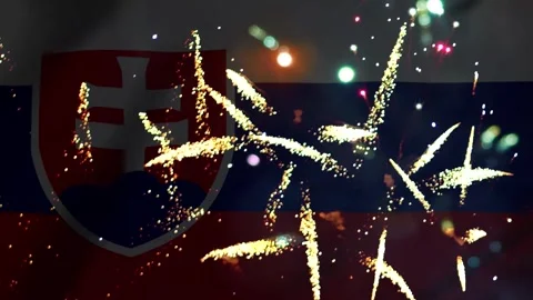 Bright colorful fireworks exploding in front of the slovak republic nationa.. Vídeo Stock 343690313
