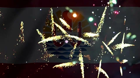 Bright colorful fireworks exploding in front of the waving flag of French P.. Vídeo Stock 343690319