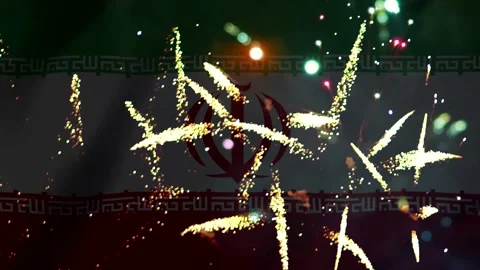 Bright colorful fireworks exploding in front of the waving national flag of.. Stock Footage 343690333