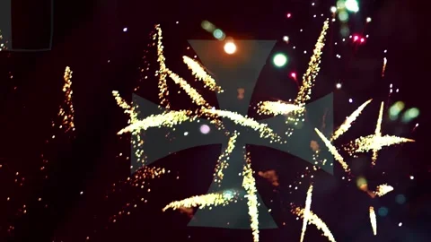 Bright colorful fireworks exploding in the night sky behind a faded iron cr.. Video stock 343690335