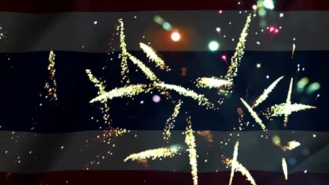Bright colorful fireworks exploding in the night sky over a blurred nationa.. Video stock 343690358