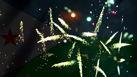 Bright colorful fireworks exploding in the night sky over the flag of djibout Video stock 343690382