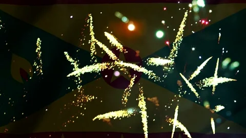 Bright colorful fireworks exploding in the night sky over the flag of Grenada Video stock 343690384