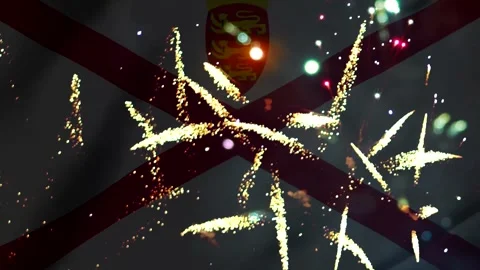 Bright colorful fireworks exploding in the night sky over the flag of jersey Vídeos de archivo 343690390