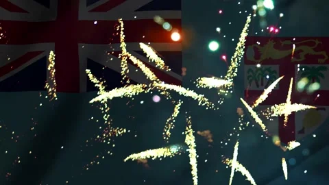 Bright colorful fireworks exploding in the night sky over the national flag.. Video stock 343690406