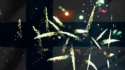 Bright colorful fireworks exploding in the night sky over the waving flag o.. Video stock 343690420