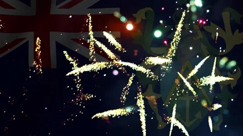 Bright colorful fireworks exploding over the flag of the Pitcairn Islands Video stock 343690457