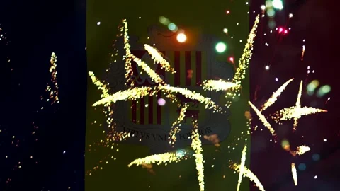 Bright colorful fireworks exploding over the national flag of Andorra durin.. Stock Footage 343690467