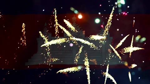 Bright colorful fireworks exploding over the national flag of cambodia Vídeo Stock 343690482