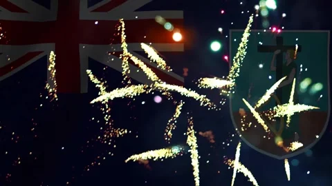Bright colorful fireworks exploding over the national flag of Montserrat Ca.. Stock Footage 343690495
