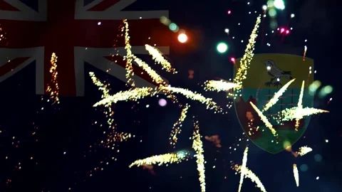 Bright colorful fireworks exploding over the national flag of Saint Helena .. Video stock 343690515