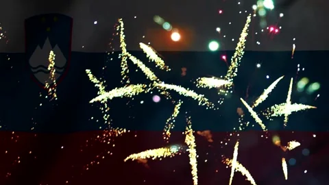 Bright colorful fireworks exploding over the official national flag of Slov.. Vídeo Stock 343690542