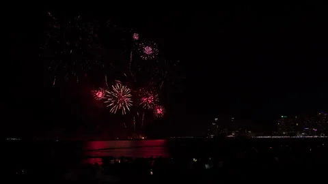 Bright Colorful Fireworks Exploding Over Ocean Bay During Night Celebration.. Stockbeeldmateriaal 346682722