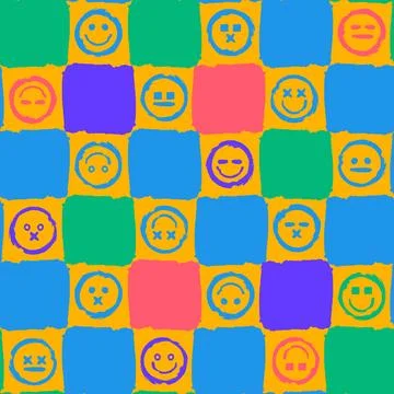 Bright Colorful Grunge Seamless Pattern With Smiles イラスト素材