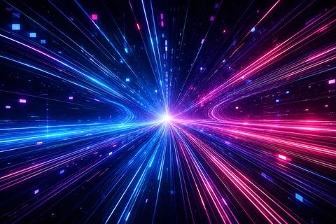 Bright colorful light rays bursting from center in dark space with neon glow Stock Illustration