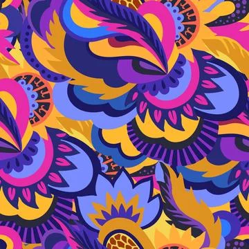 Bright colorful ornamental pattern with psychedelic abstract plant elements Stock Illustration