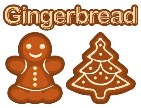 Bright colorful poster with ginger bread cookie woman and christmas tree. Stock Illustration