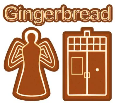 Bright colorful poster with ginger bread cookie angel and phone box. Stock Illustration