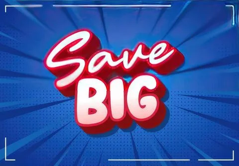 Bright colorful save big message with bold text and blue background Stock Illustration