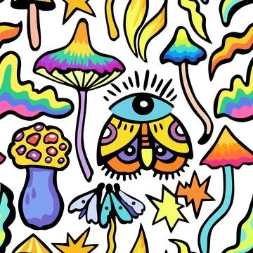 Bright colorful seamless pattern with psychedelic vivid fantasy mushrooms. .. Stock Illustration