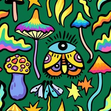 Bright colorful seamless pattern with psychedelic vivid fantasy mushrooms. .. Stock Illustration