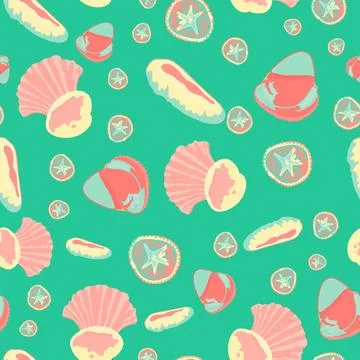Bright colorful Seashells pattern green background Illustrazione stock