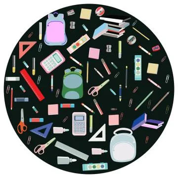 Bright colors backpack, paints, crayons, pencils and school supplies in round Stock Illustration