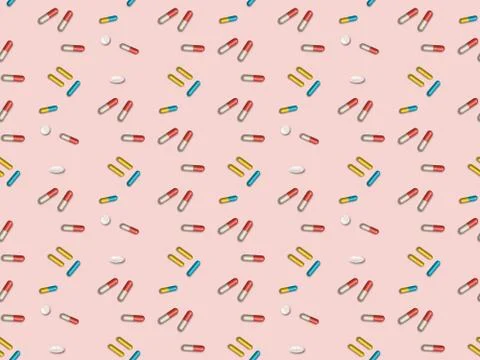 Bright colors of seamless pattern with tablets and  capsules. Stock Illustration