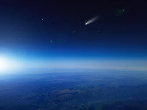 Bright comet, falling star in dark blue space Фото