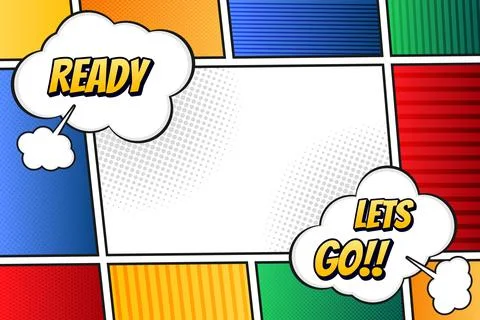 Bright Comic Book Panel Background with Ready and Lets Go Speech Bubbles Stock Illustration