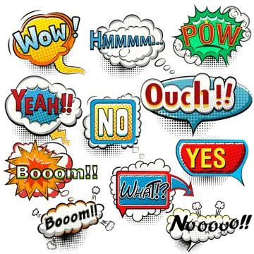 Bright comic speech bubbles screams, phrases, sounds Stock Illustration