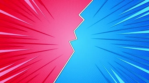 Bright comic split screen background red, pink, blue burst panels, dotted halfto Stock Footage 340416233
