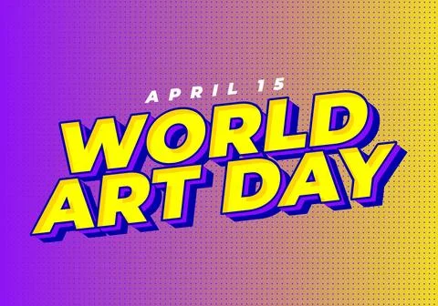 Bright comic style poster reading world art day in bold yellow 3d letters w.. Illustrazione stock
