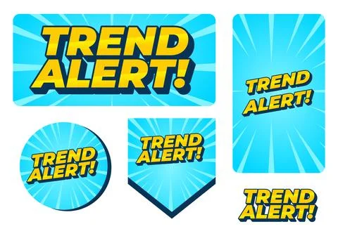 Bright comic style set of blue burst labels reading trend alert! in bold ye.. Illustrazione stock