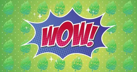 Bright comic-style WOW! text popping against leafy green background 스톡 사진