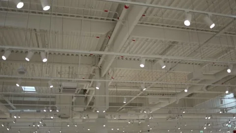 Bright commercial ceiling with ventilation lighting and air conditioning units Stock Footage 342914286
