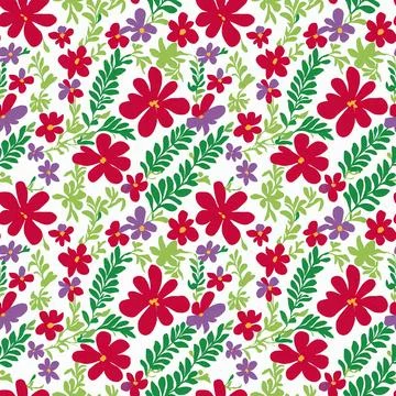 Bright compositionmade up of red flowers and  grass  as a seamless color il.. Stock Illustration