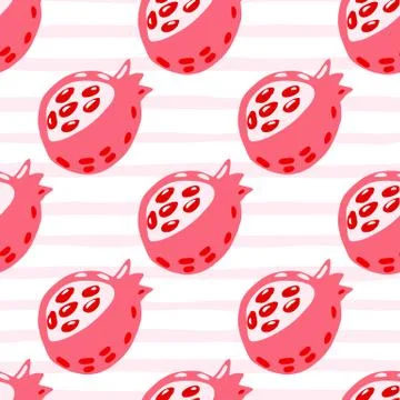 Bright contrast garnet seamless pattern. Pink fruit doodle silhouettes on whi Illustrazione stock