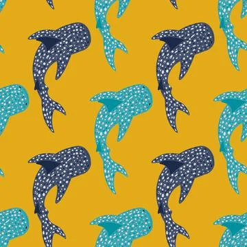 Bright contrast seamless animal pattern with blue and navy whale shark shapes Illustrazione stock