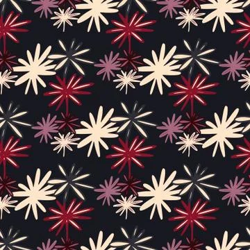 Bright contrast seamless daisy pattern with black background. Red, yellow and Illustrazione stock