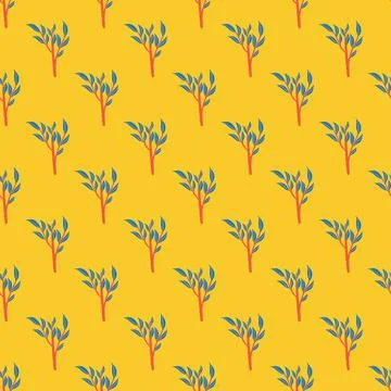 Bright contrast seamless pattern with blue colored leaf branches shapes. Yell Illustrazione stock