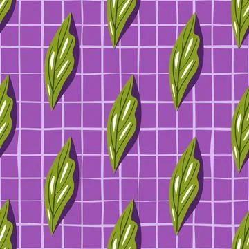 Bright contrast seamless pattern with green leaf elements ornament. Purple ch Illustrazione stock