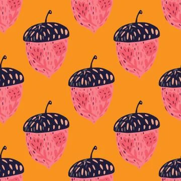 Bright contrast seamless pattern with pink and purple colored acorns. Orange  Stock Illustration