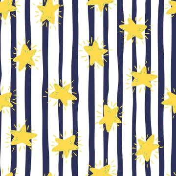 Bright contrast seamless pattern with yellow stars ornament. Monochrome backg Illustrazione stock