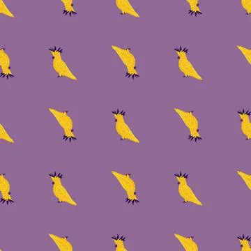 Bright contrast seamless pattern with yellow cockatoo parrot ornament. Purple 스톡 일러스트