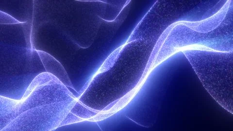 Bright cool-toned digital waves of purple and blue particles forming smooth.. Stock Illustration