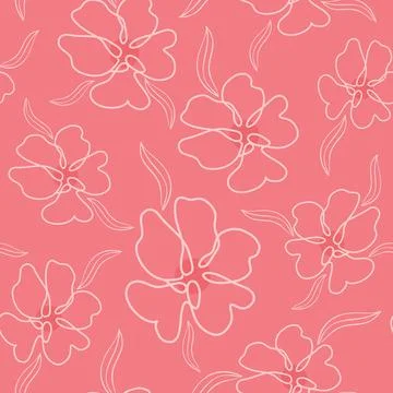 Bright coral color pattern with delicate monoline flowers, vector. Stock Illustration