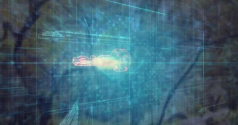 Bright core appearing, holo key forming over trees, streak tracing circuitry to Stock Footage 329869560