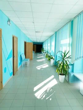 Bright corridor interior in educational institution featuring blue walls Stock Photos